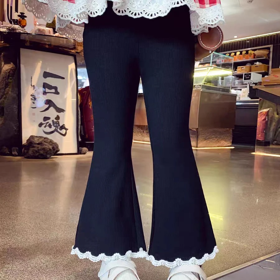 女童喇叭裤秋装2025新款黑色儿童珍珠花边微喇裤小女孩修身长裤子
