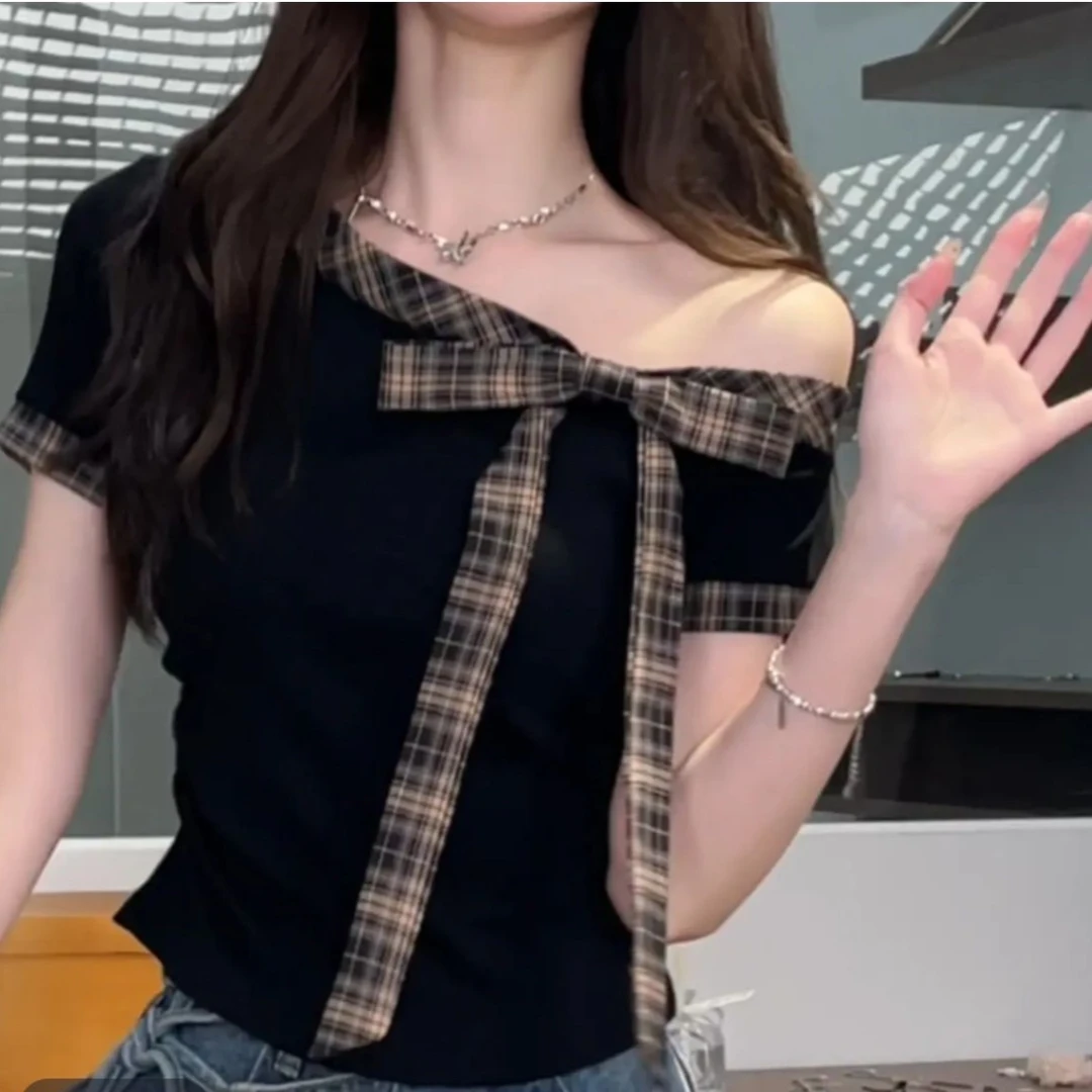 【现货】短袖t恤女装夏季蝴蝶结体恤胖MM显瘦露肩上衣藏肉-7004