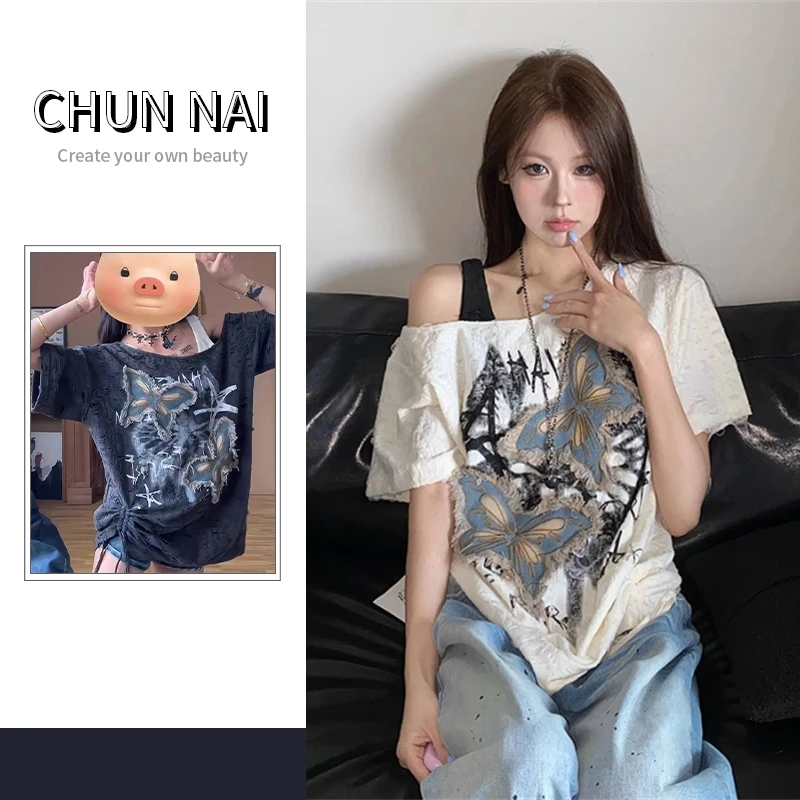 辣妹风斜领短袖上衣美式复古甜酷蝴蝶露肩设计感韩版宽松T恤夏季