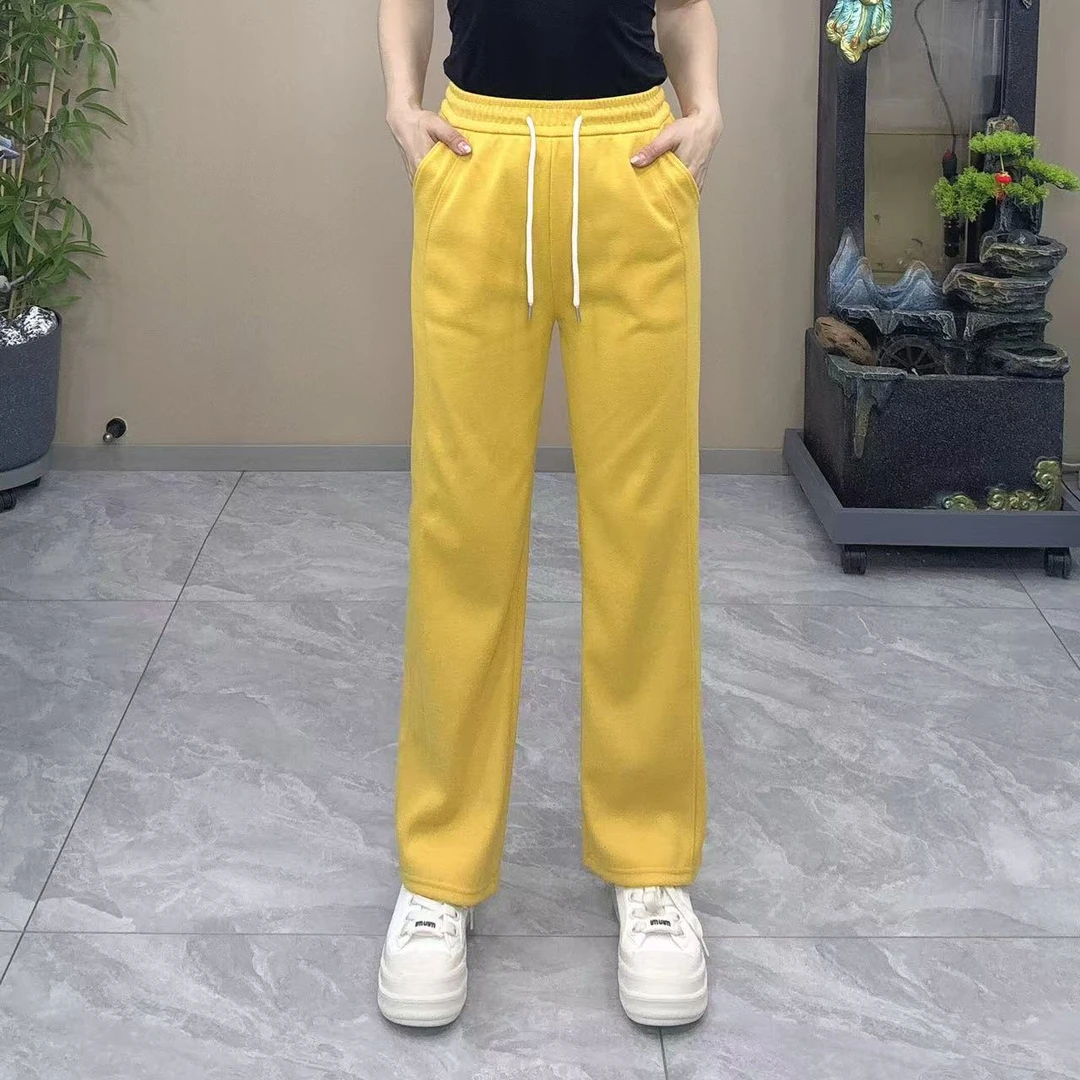 黄色窄版抽绳阔腿裤