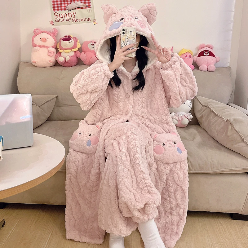 『粉色猪』睡袍秋冬加绒女冬天保暖搭子连帽甜美少女睡衣家居服