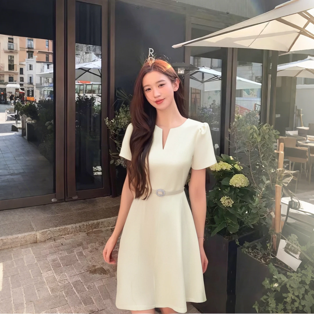 夏季2025新款杏色短袖连衣裙X0121