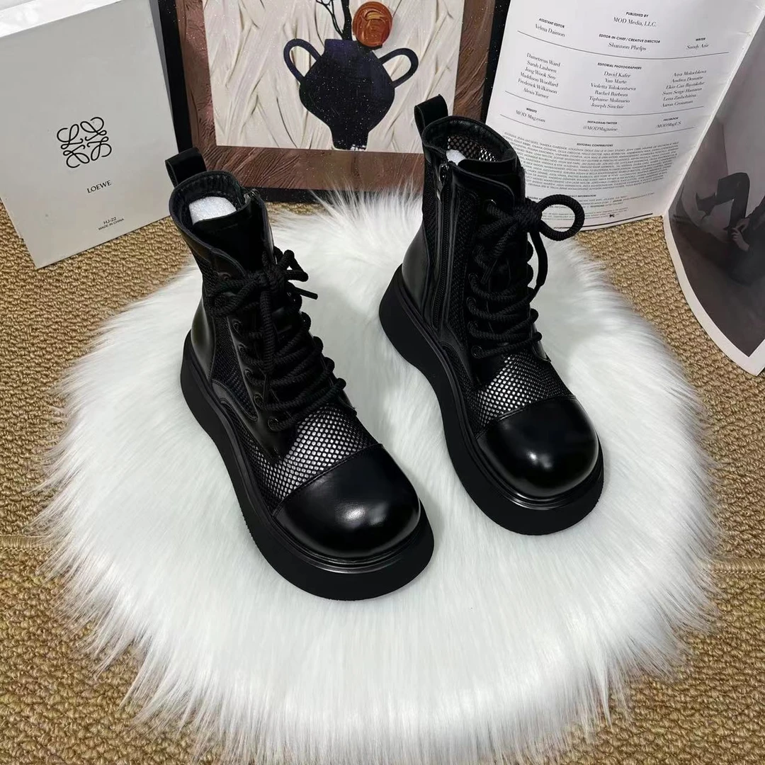 薄款透气镂空增高网面高帮百搭休闲马丁靴夏季网纱网红厚底英伦风