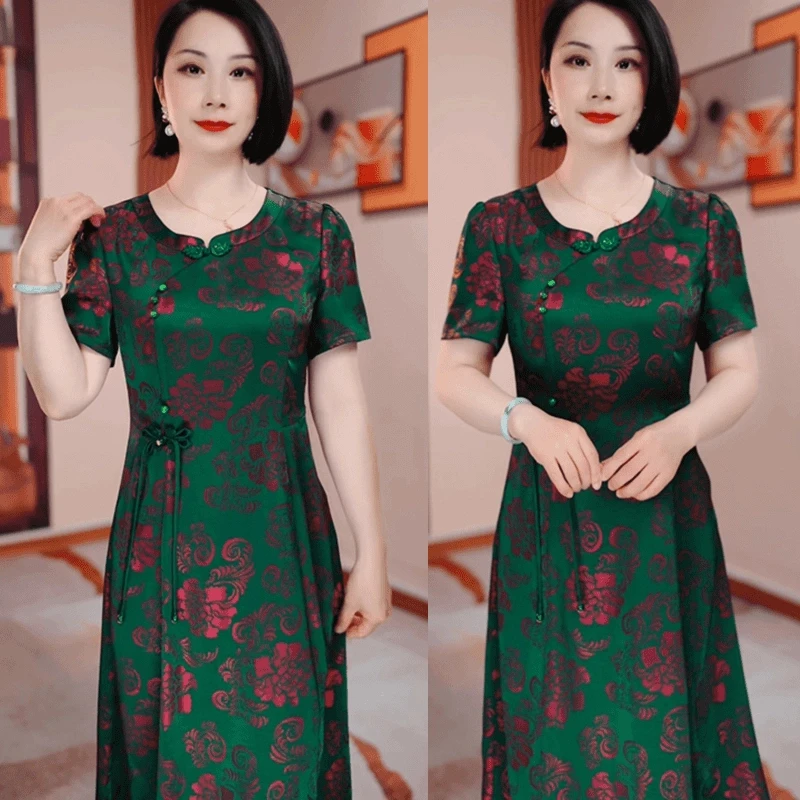 绿底红花夏季新款遮肉显瘦修身气质中长款连衣裙优雅复古H5B049