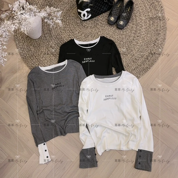 【拼接小字母】T恤女2025冬季新款撞色拼接假两件打底衫长袖上衣