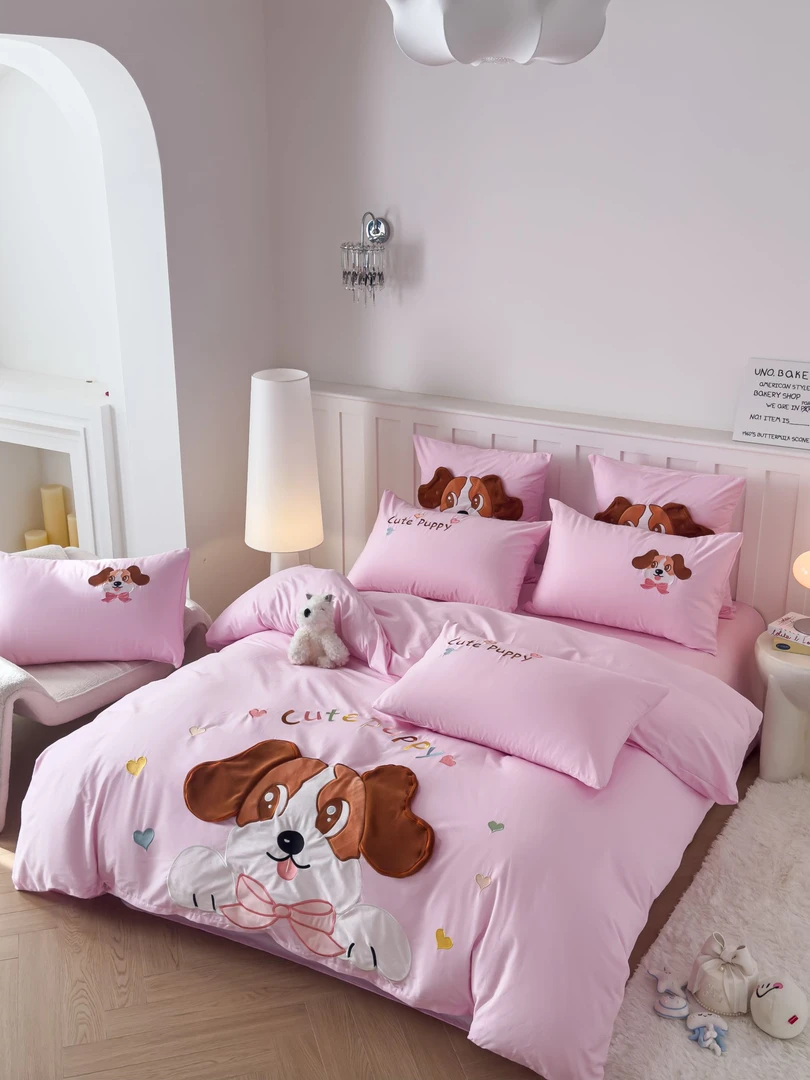 浪漫狗狗全棉100%纯棉可爱卡通风重工艺刺绣三件套四件套