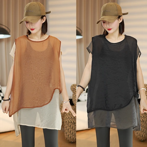 夏季新款韩版设计感真两件套撞色琉璃纱洋气时尚宽松遮肉显瘦上衣
