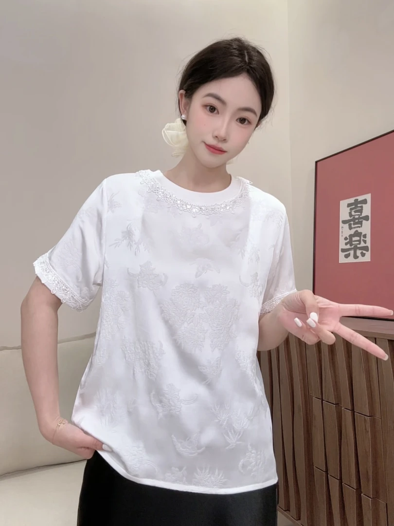 【如烟】2025夏季气质拼接短袖百搭显瘦新中式短袖女日常T恤