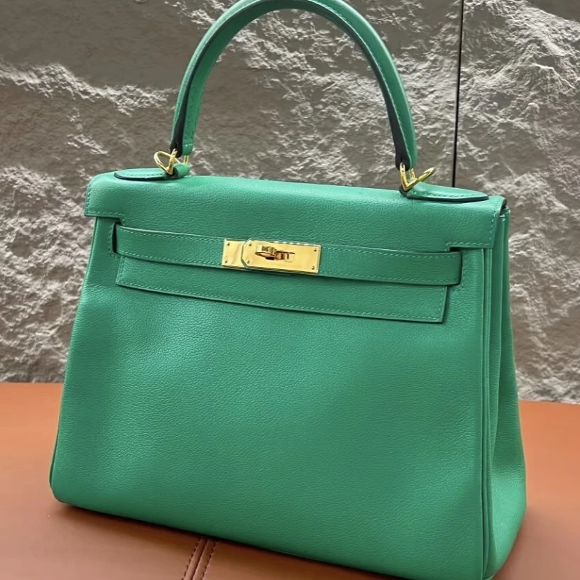 99新 Hermes/爱马仕 【老于】kelly32丝绒绿金扣e皮圈U单肩包