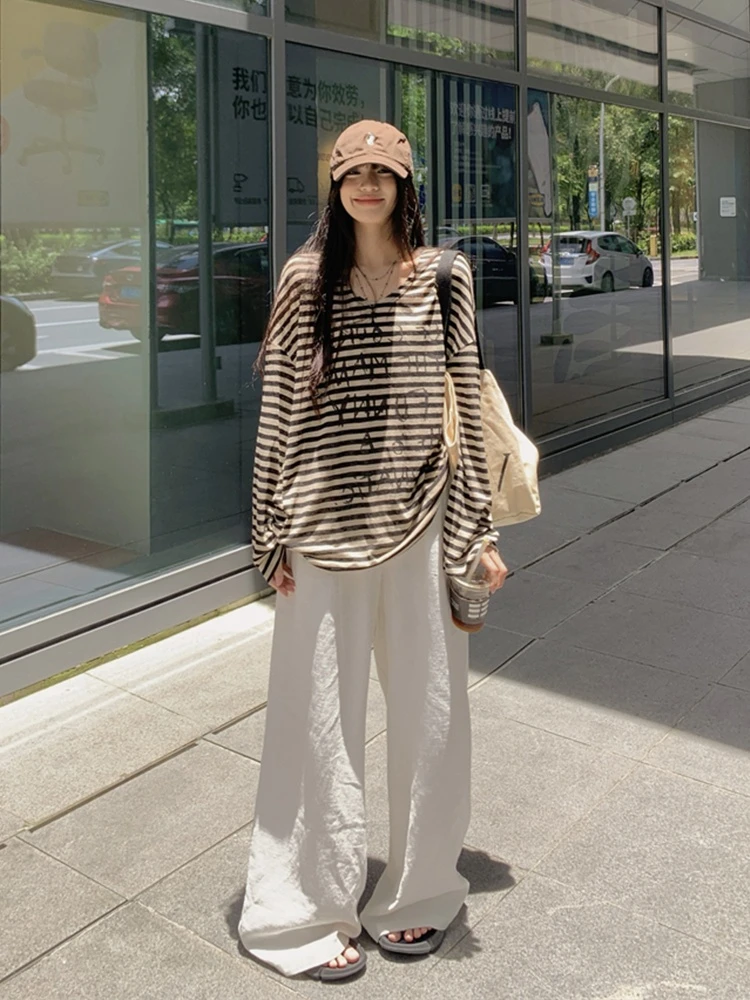 条纹印花字母防晒T恤女2025夏季新款松弛慵懒感空调衫中长款上衣