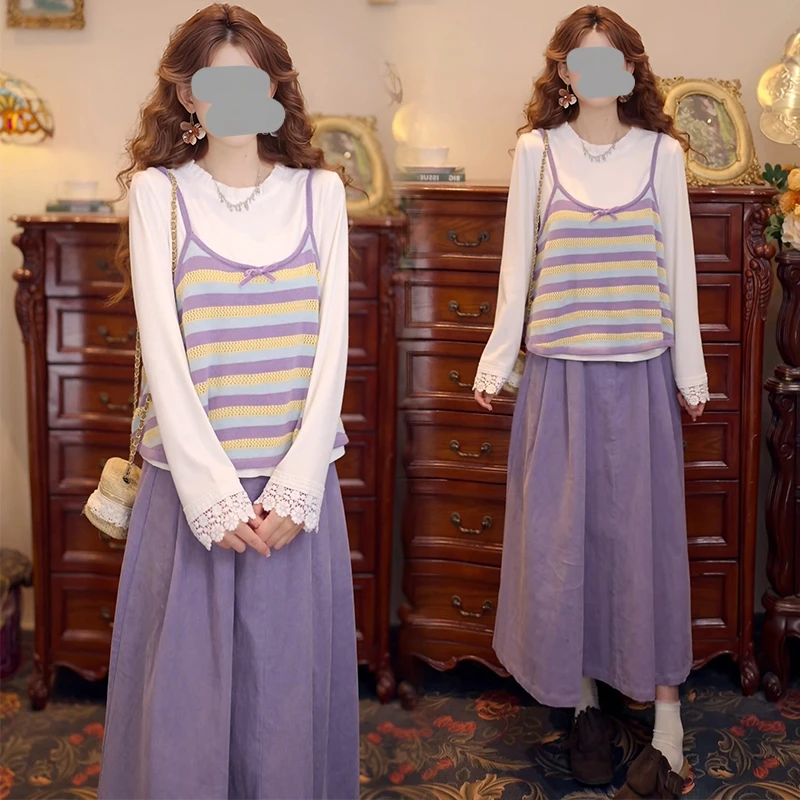 春秋新款小清新港味套装女条纹撞色吊带T恤半身裙巨好看的三件套