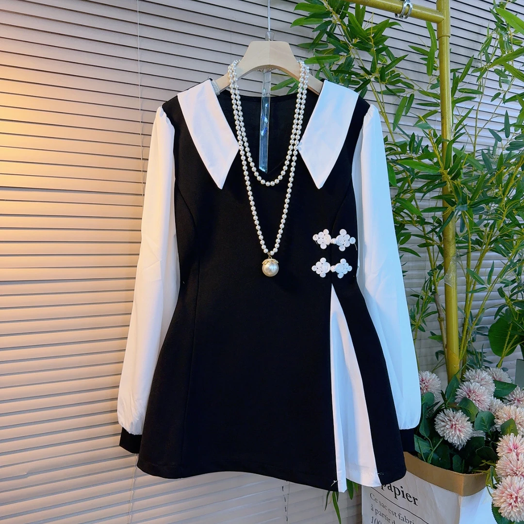 9mm欧货时尚翻领假两件设计感盘扣遮肉显瘦百搭长袖衫