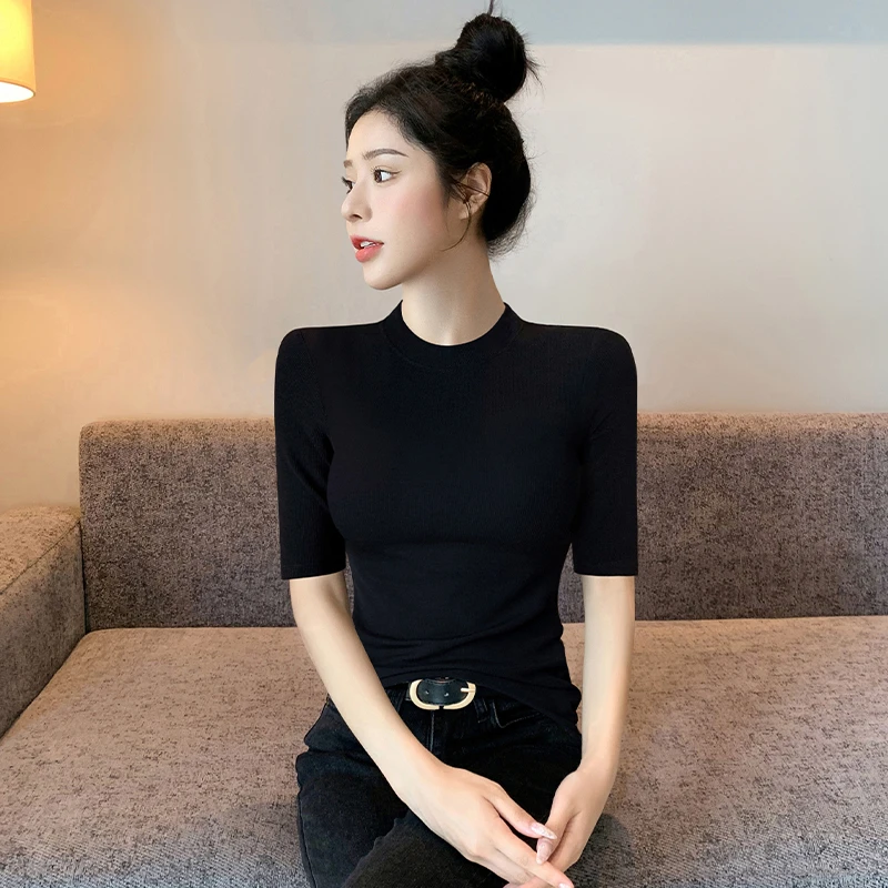 纯色中袖小高领上衣2025年新款打底衫女内搭显瘦ins修身半袖春夏