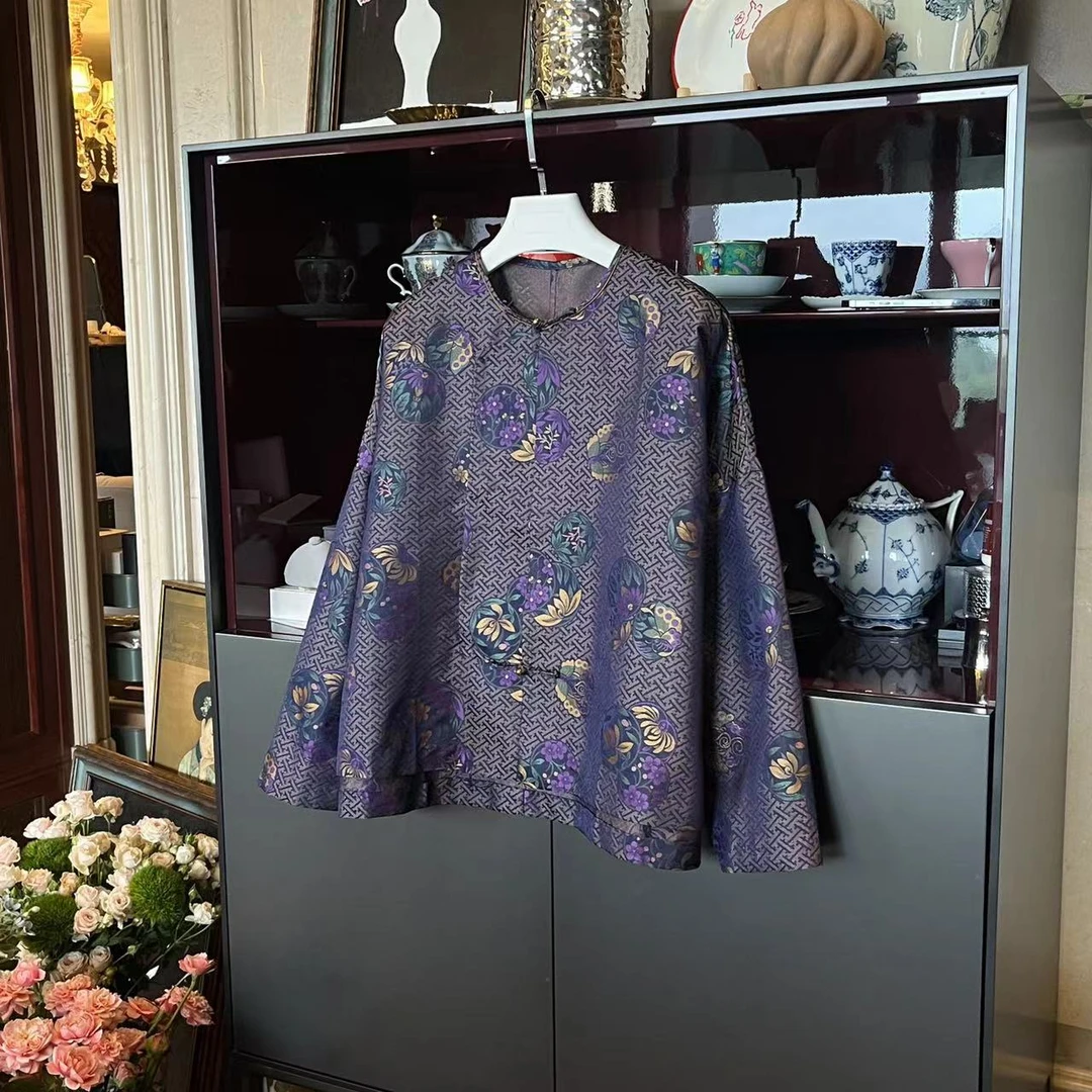 MYL2024夏季新品真丝紫色外套时尚百搭绣花复古中式上衣