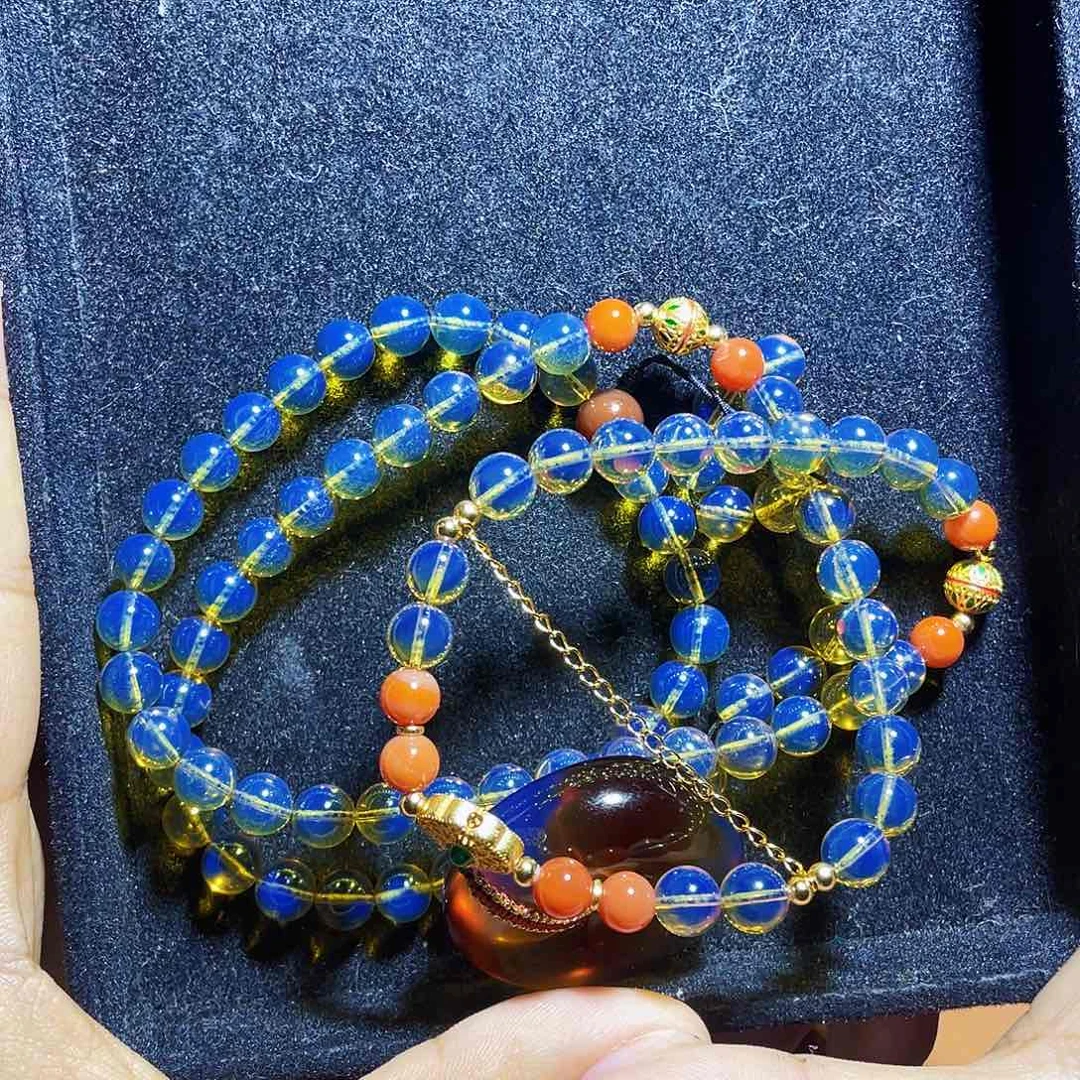 蓝珀裸石未镶嵌红蓝平安扣➕108