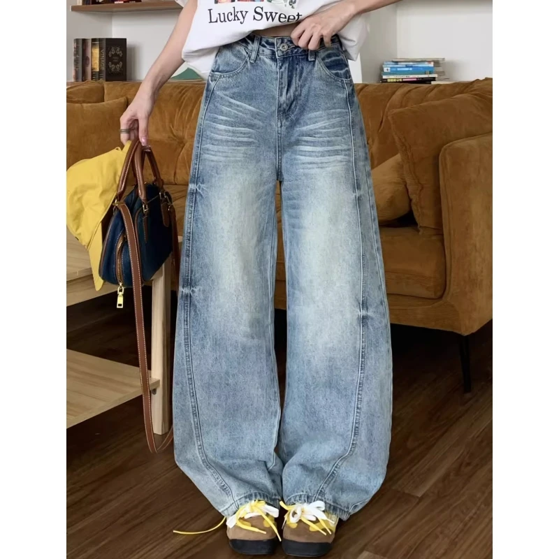 高个子加长美式高街水洗阔腿牛仔裤女夏季高腰宽松显瘦镰刀拖地裤