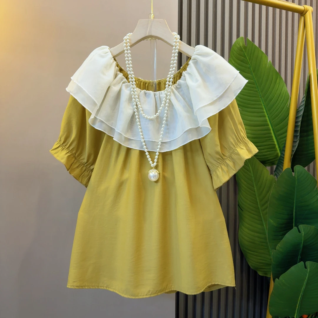 绝美一字肩圆领木耳边气质洋气法式小衫衣长62左右