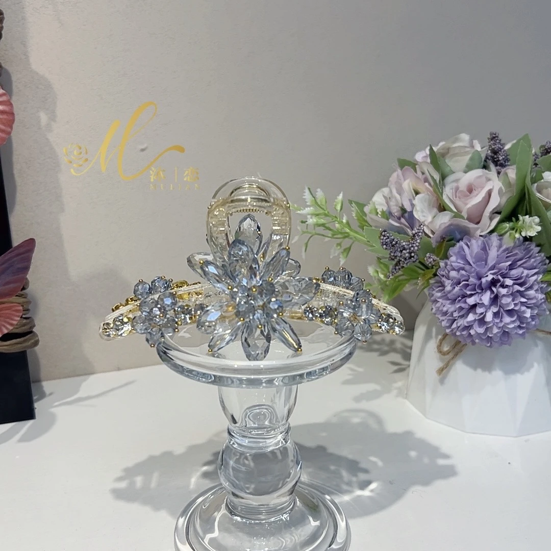 E491【蓝色13cm全晶石抓夹】发饰气质超仙头饰手工