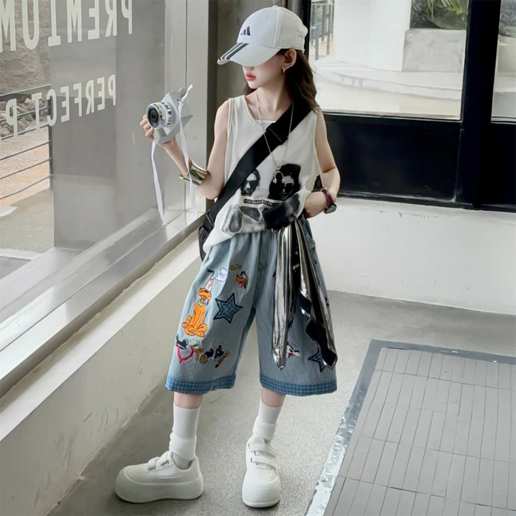 女童夏季套装2025新款儿童洋气时髦背心T恤裙中大童休闲运动