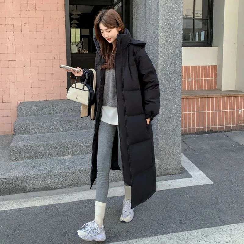 新款中戏白鸭绒加绒加厚超长款情侣羽绒服外套女过膝到脚踝加厚