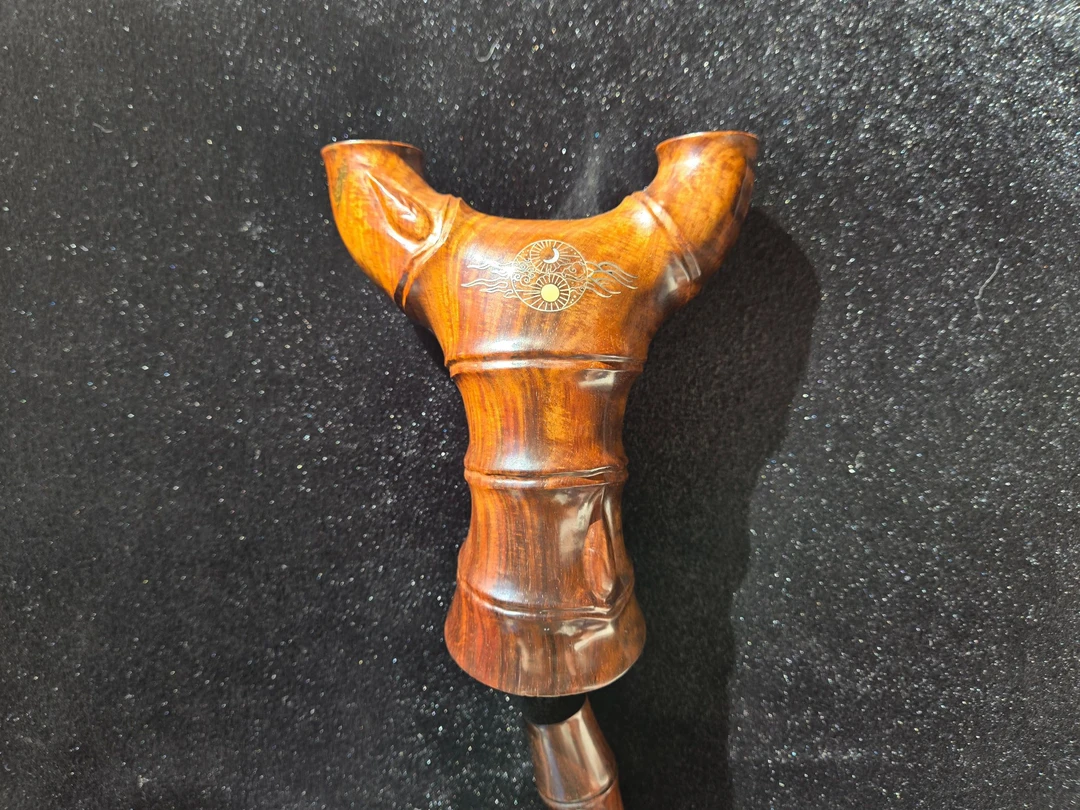 大红酸枝竹节木弓 弓门130-30，有精美银丝镶嵌图案