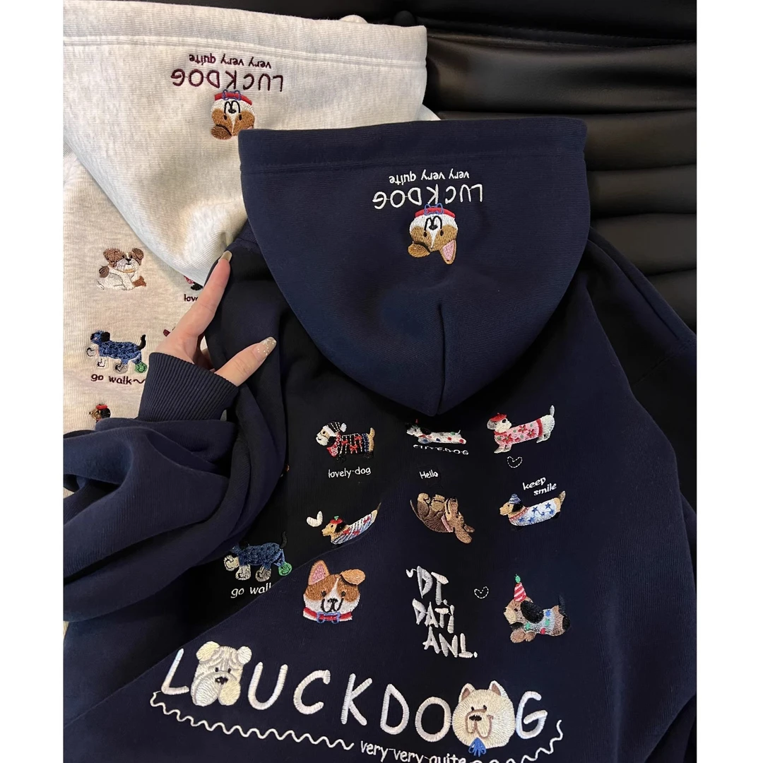 慵懒刺绣卡通连帽卫衣女加绒加厚2025新款宽松百搭套头上衣外套潮