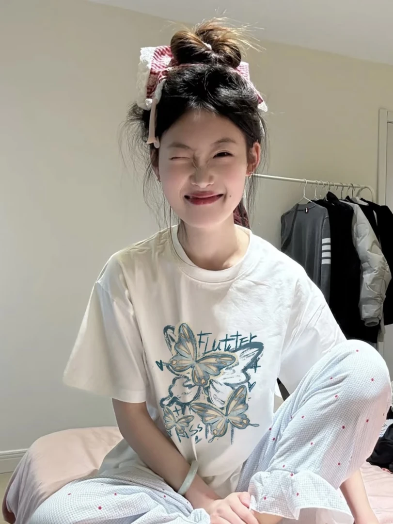 重磅精梳棉蝴蝶新款纯棉白色短袖女春夏季印花半袖上衣高级感ins