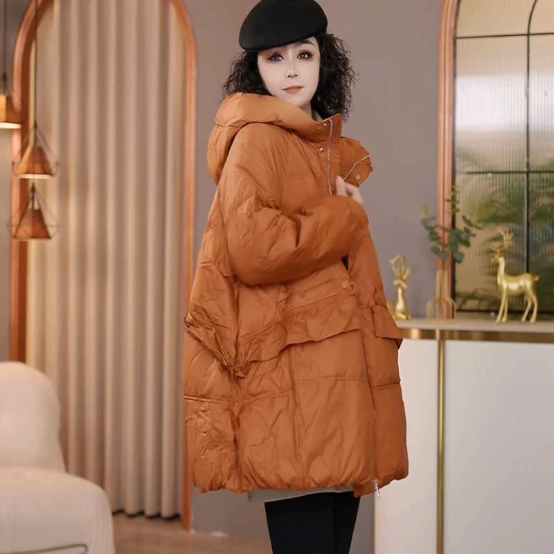 8024冬季新款韩版2024宽松休闲拼接连帽荷叶边羽绒服女