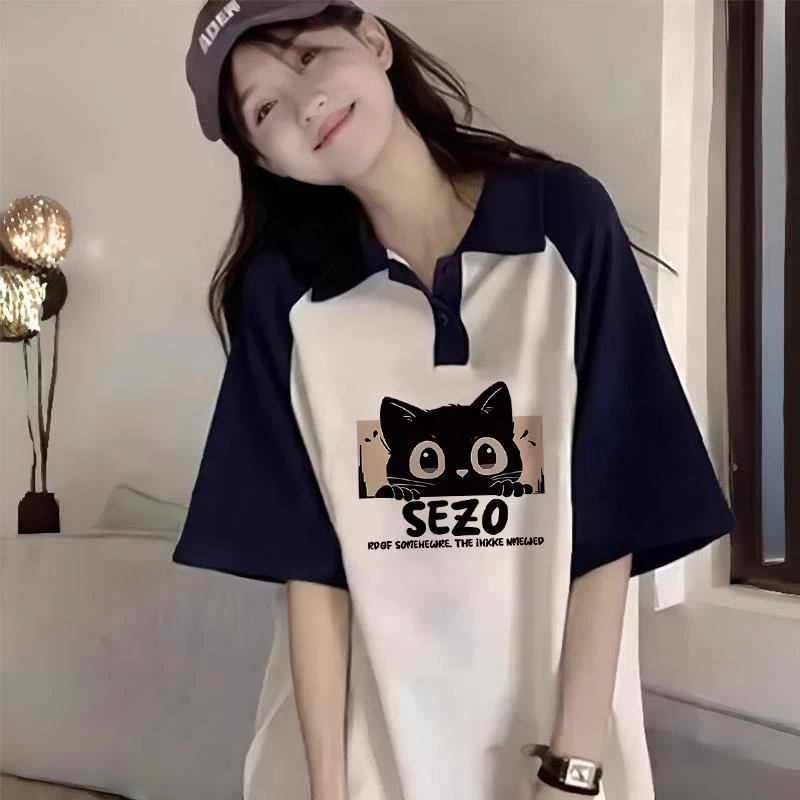 美式纯棉Polo领短袖T恤夏季初中女孩高中学生插肩袖宽松撞色上衣