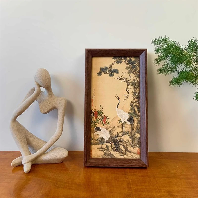 新中式松鹤延年图相框摆台画 复刻国画艺术桌面摆件简约相框