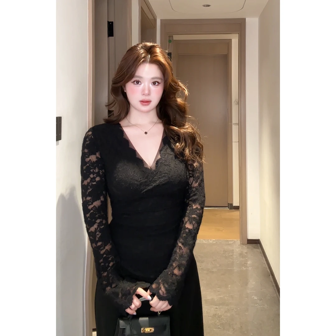 微胖mm纯欲风性感v领长袖蕾丝衫秋冬显瘦收腰打底衫修身内搭上衣