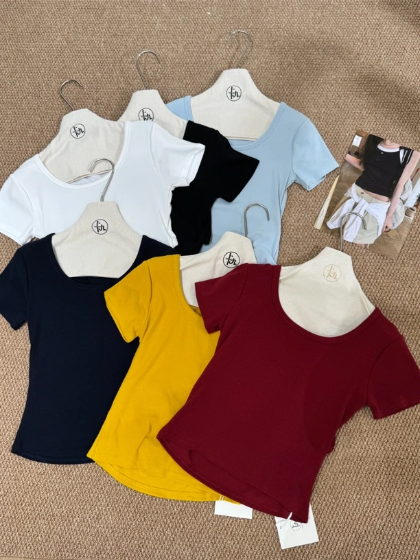 后漏腰U领螺纹棉t