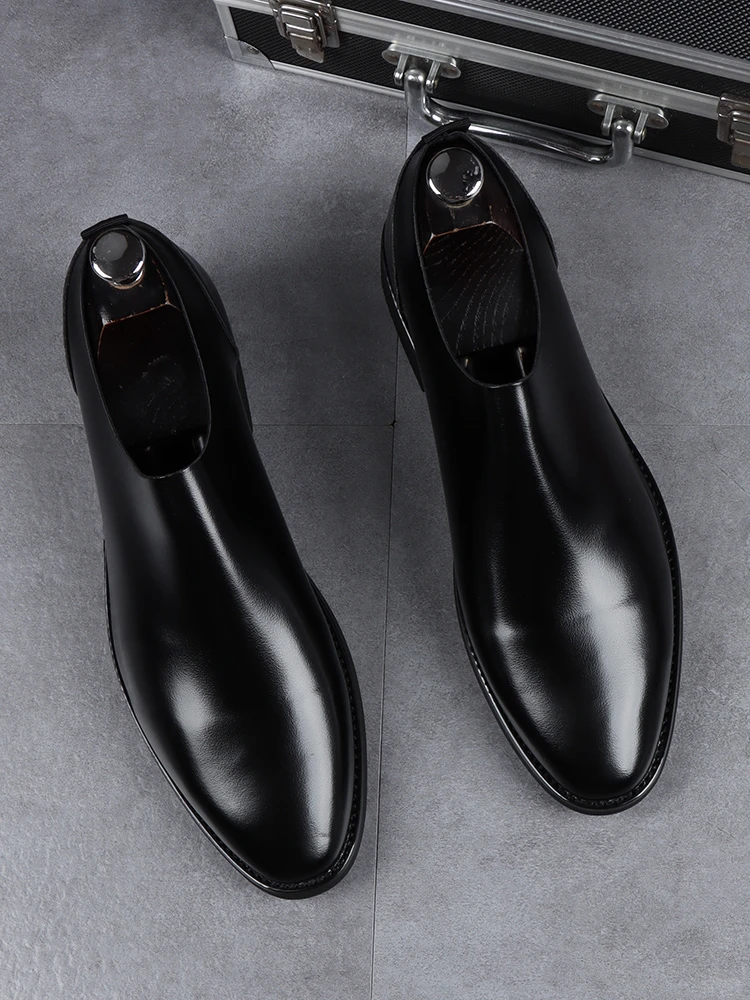 夏季单层皮鞋男一脚蹬透气尖头软底软面休闲鞋内增高商务正装男鞋