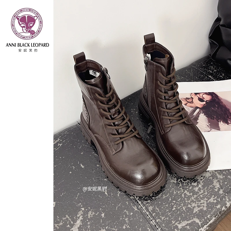 安妮黑豹英伦风显瘦马丁靴女冬季新款厚底百搭短筒靴侧拉链短靴