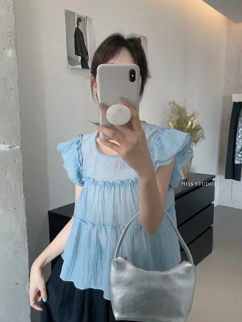 密思@6619 韩系甜美木耳边小飞袖肌理感小衫 6-12