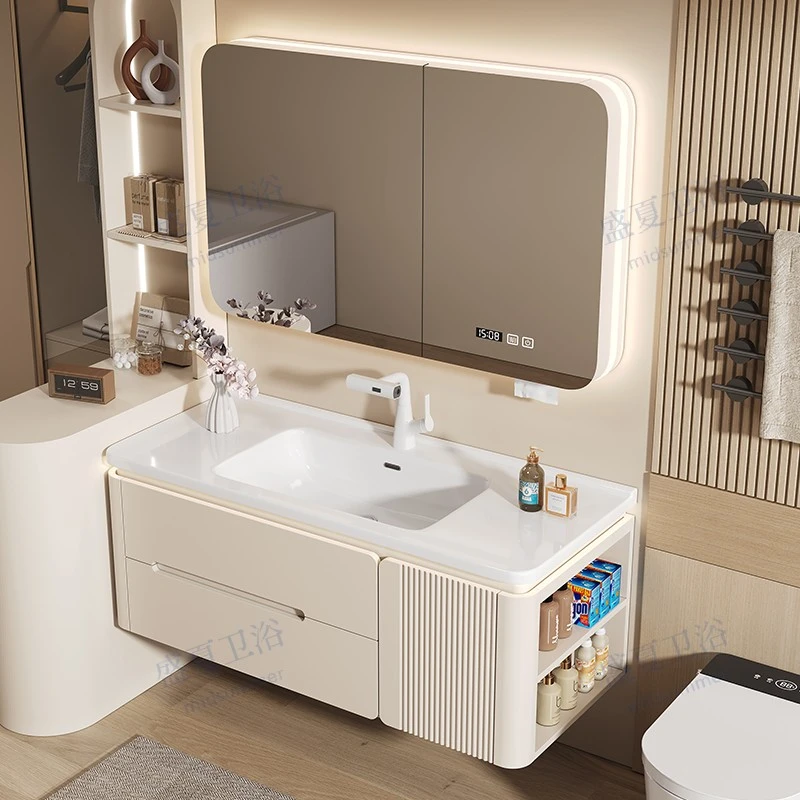 法式奶油风陶瓷一体圆角浴室柜组合马桶侧边收纳洗漱台洗手卫浴柜