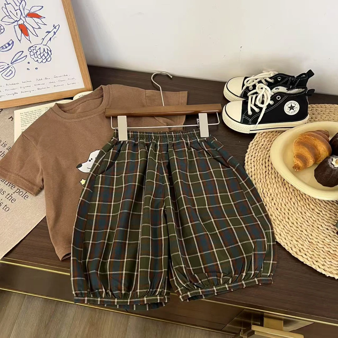 儿童夏季百搭格子七分灯笼裤H2115