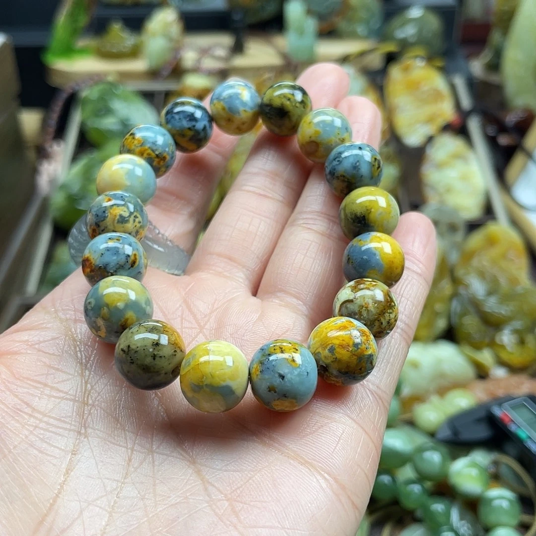 蛇纹石玉颈饰未镶嵌山***容花玉球蓝手链