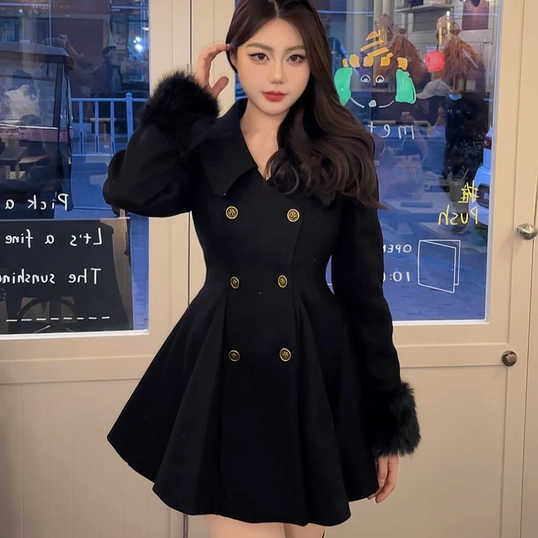 赫本序章  掐腰毛呢大衣富家千金毛领呢子外套显瘦气质小个子黑色