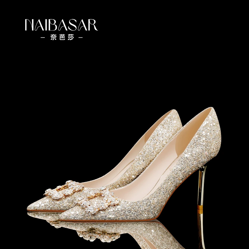 【现货】奈芭莎婚鞋女宴会高跟鞋女款爆款香槟色细跟喜婆婆旗袍单鞋