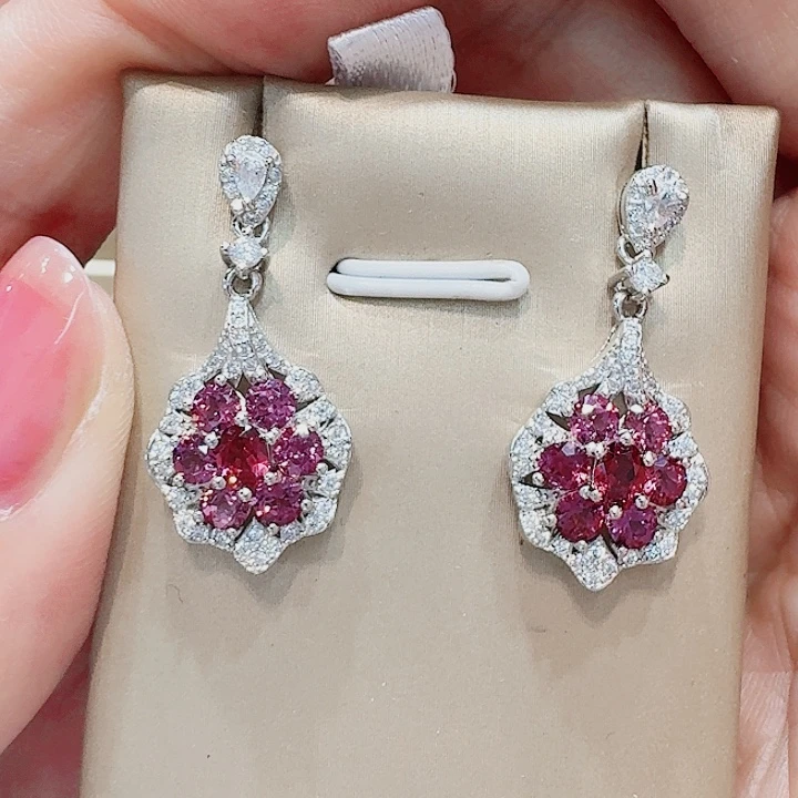 石榴石耳饰银S925镶嵌耳钉