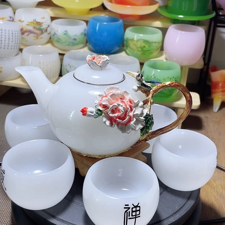 琉璃中式珐琅彩花开富贵一壶六杯礼盒套装