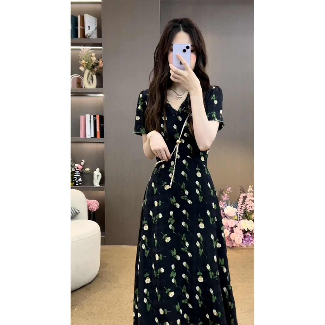 2025夏季新款碎花法式气质显瘦银河蜜语收腰中长款连衣裙9008