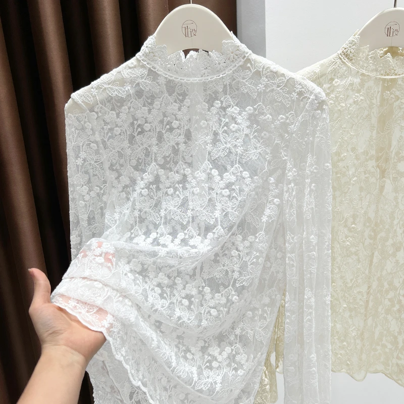 花边立领勾花蕾丝打底衫秋季新款透视网纱长袖上衣配吊带内搭小衫
