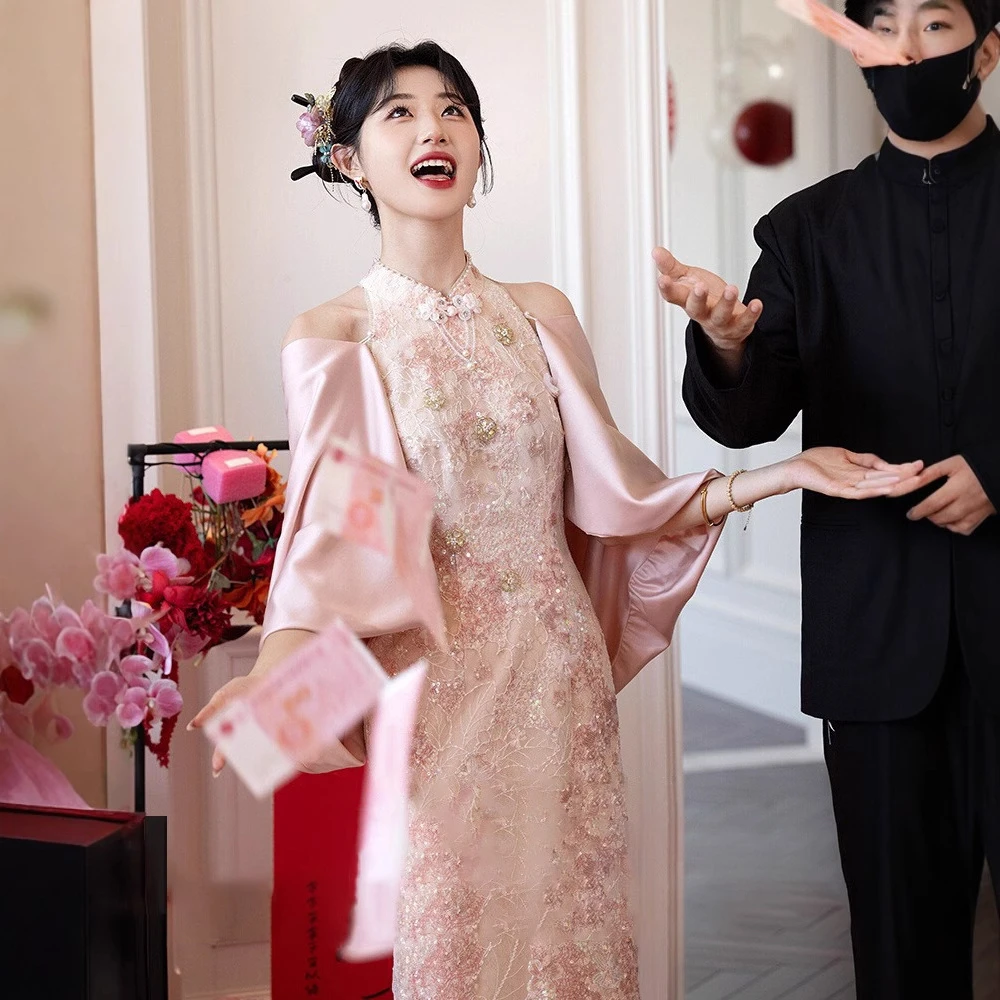 粉色高端敬酒服旗袍女2025新款新中式订婚礼服高级新娘结婚晨袍女