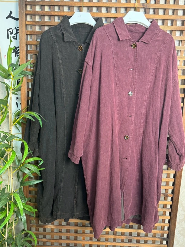 设计款亚麻翻领风衣