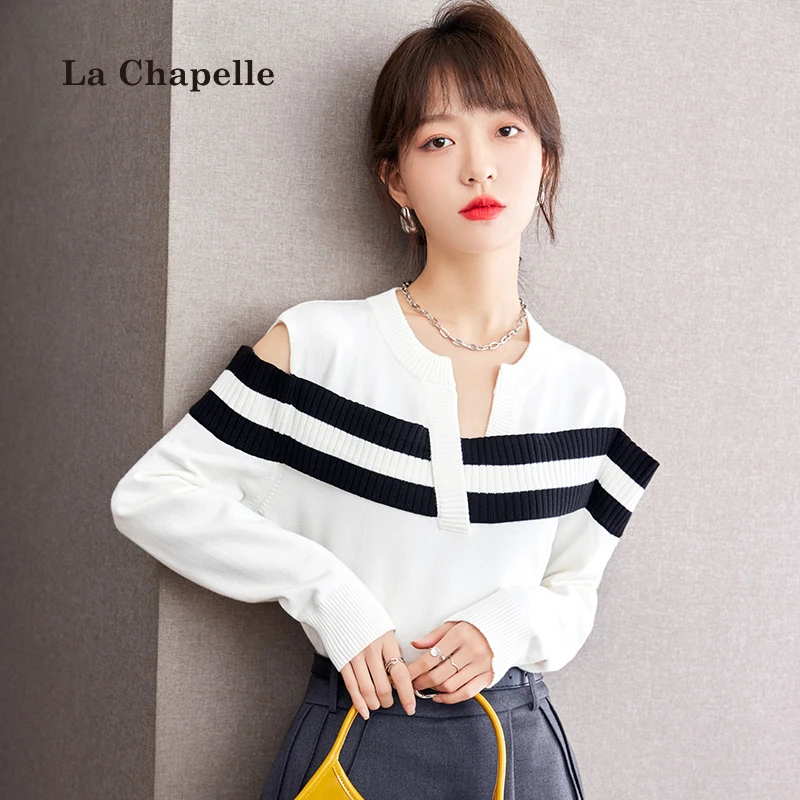 拉夏贝尔法式露肩V领设计感毛针织衫女2025年春秋黑白拼接上衣