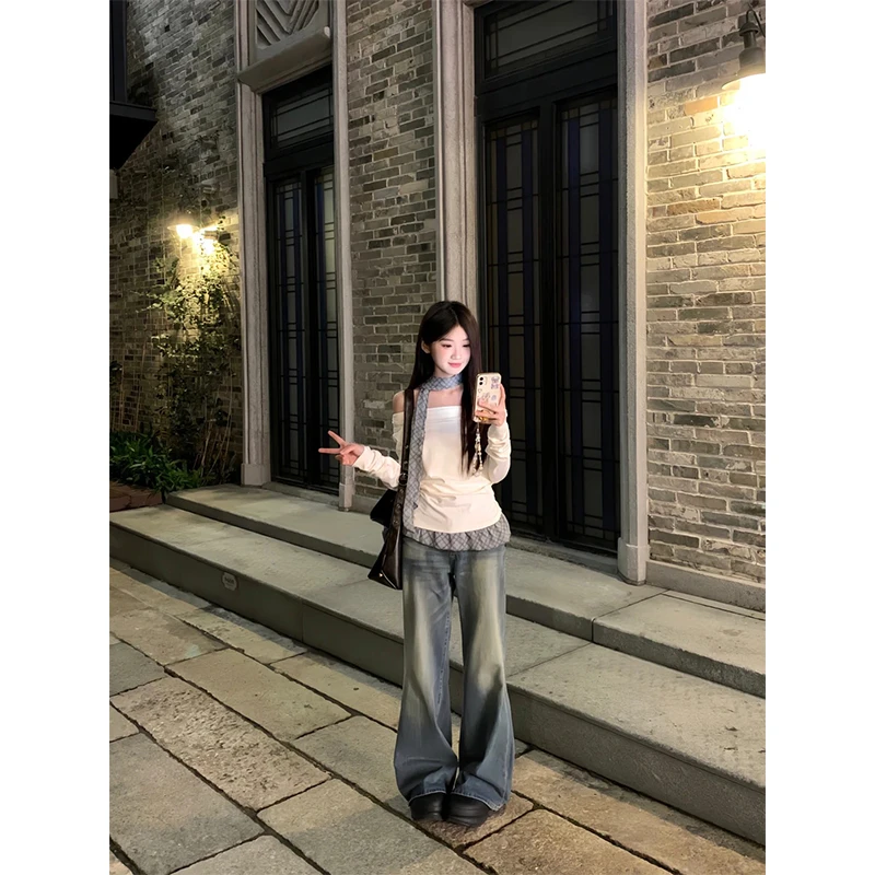 美式复古设计感飘带一字肩长袖上衣女新款高腰显瘦直筒微喇牛仔裤