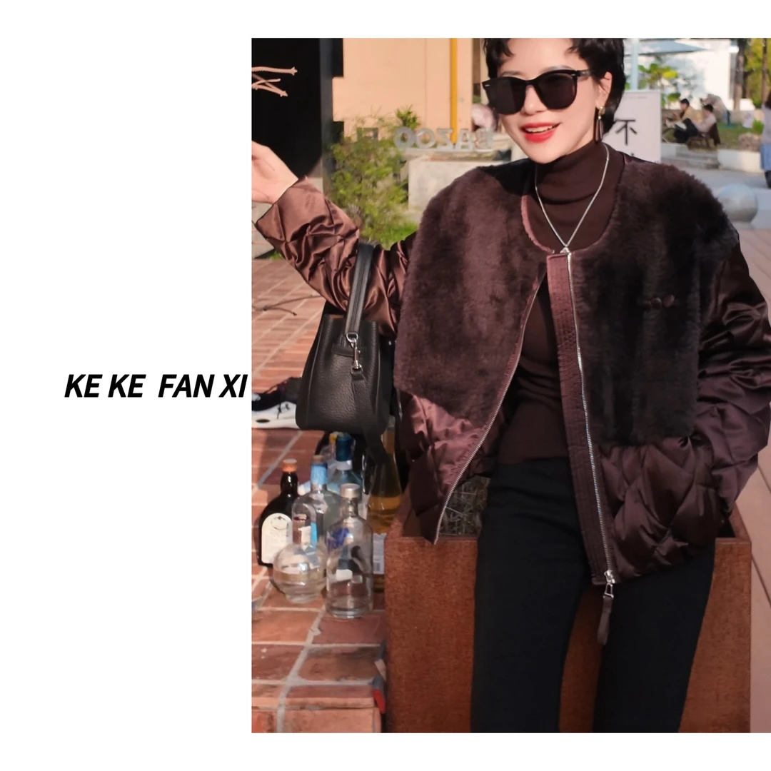 88182拼接拉链鹅绒服轻奢时尚设计师气质秋冬皮毛一体百搭
