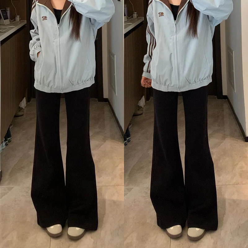 春新款黑色直筒微喇牛仔裤女高腰显瘦时尚百搭不贴腿喇叭裤黑裤子